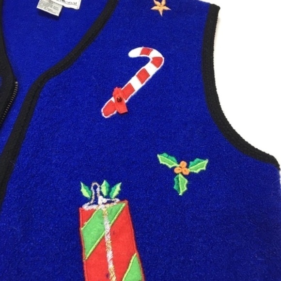 VINTAGE Christmas Vest 100% Boiled Wool Embroidered Zip Candy Canes Size Medium - Picture 5 of 9